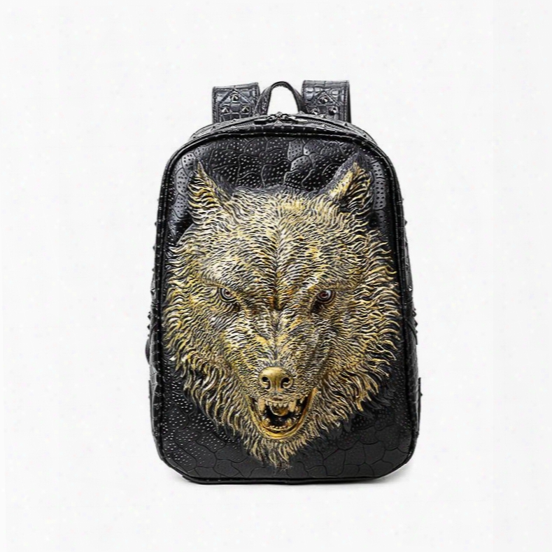 Wolf Head 3d Pu Leather Casual Laptop Backpack School Bag