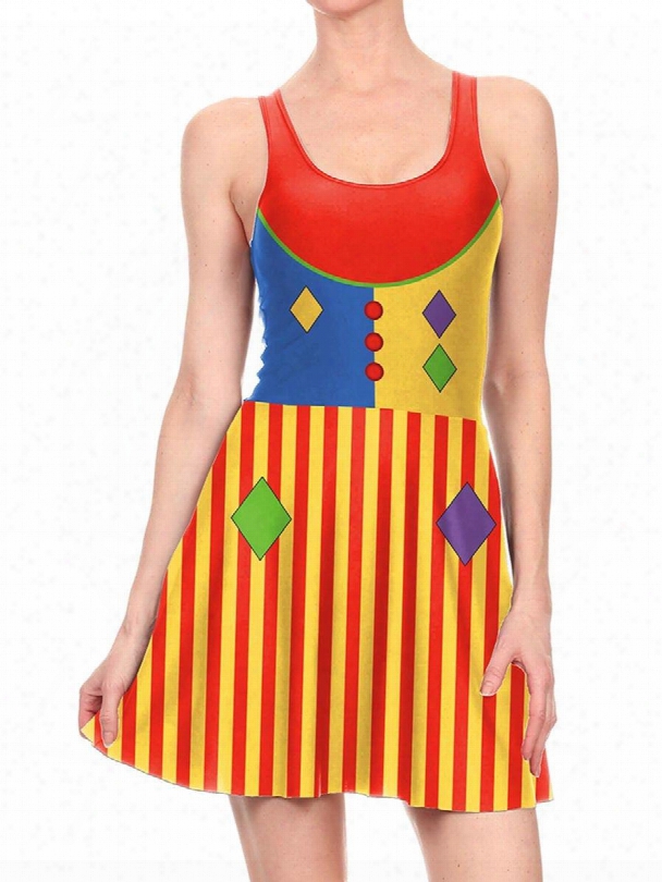 Women's 3d Printed Vertical Stripes Clown Color Halloween Mini Skater Tank Dresses