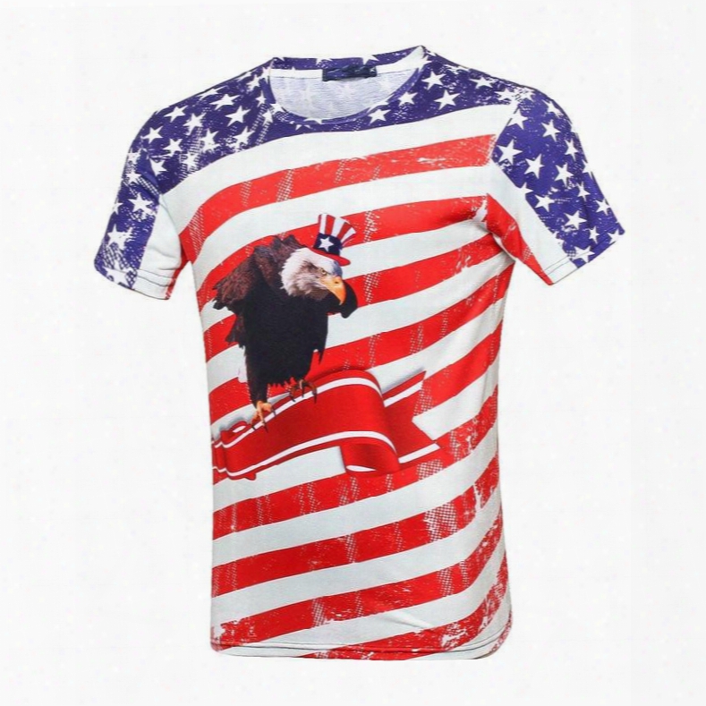 Wonderful Round Neck Stripes, Stars And Eagle Pattern 3d Painted T-shirt