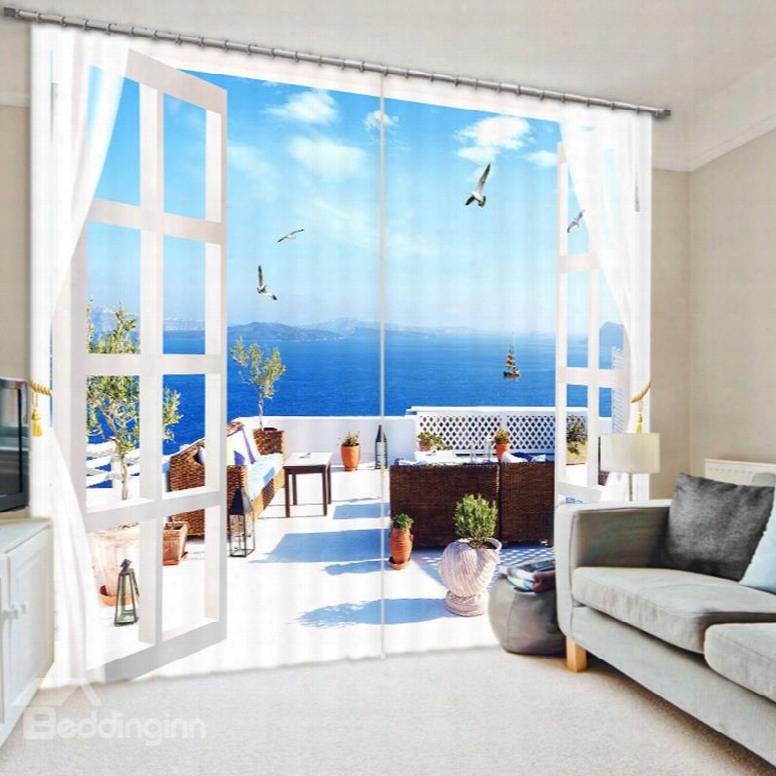 Wonderful Seaside Balcony Scenery 3d Printed Polyester Curtain