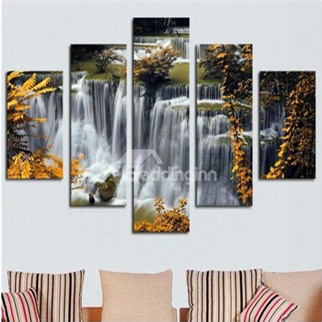 Yellow Leaves And Waterfall 5-piece Canvas Non-framed Wall Prints