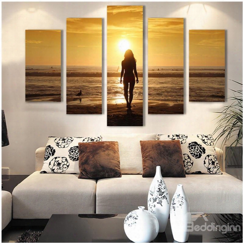 Yellow Sunrise Beach And Girl Hanging 5-piece Canvas Non-framed Wall Prints