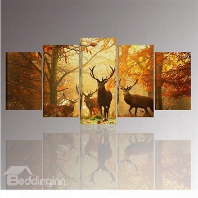 Yellow Walking Deer And Forest Hanging 5-piece Canvas Eco-friendly Non-framed Prints