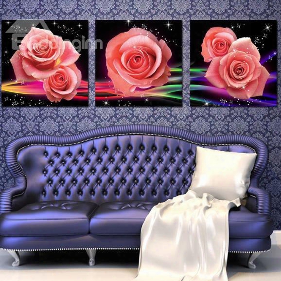 16␔16in␔3 Panels Pink Roses Hanging Canvas Waterproof And Eco-friendly Framed Prints