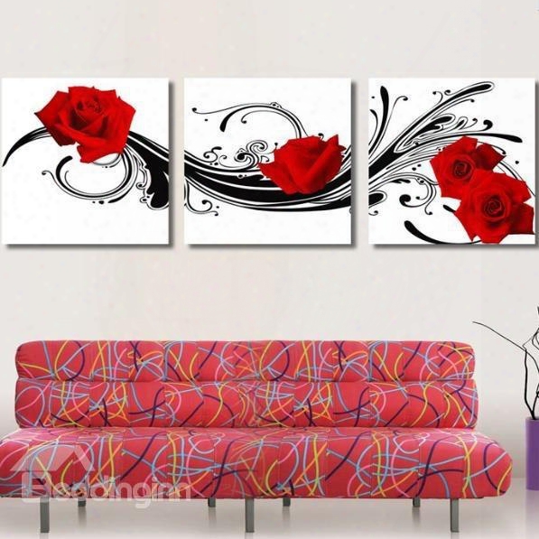 16␔16in␔3 Panels Red Roses Pattern Hanging Canvas Waterproof And Eco-friendly White Framed Prints