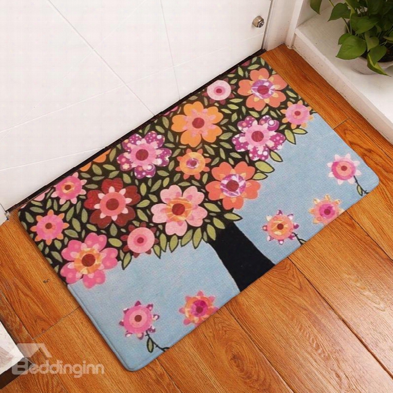 16␔24in Colorful Flowers On Tree Flannel Water Absorption Soft And Nonslip Bath Rug/mat