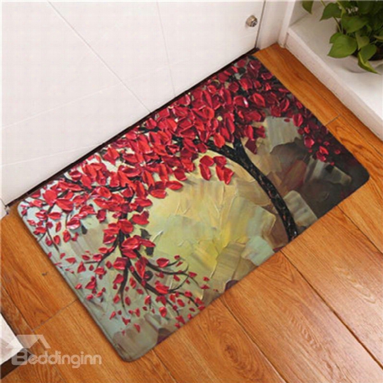 16␔24in Red Leaves Oil Painting Flannel Water Absorption Soft And Nonslip Bath Rug/mat