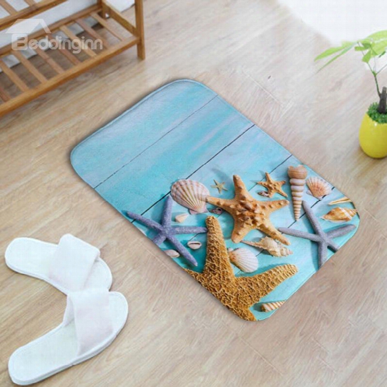 16␔24in Starfishes And Shells Flannel Water Absorption Soft And Nonslip Blue Bath Rug/mat