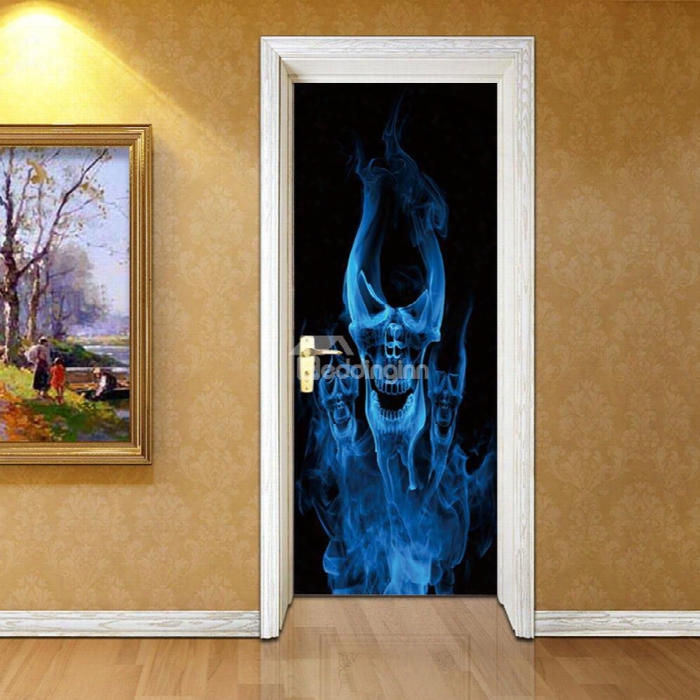 30␔79in Blue Skull Smoke Pattern Pvc Environmental And Waterproof 3d Door Mural