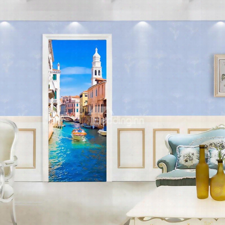 30␔79in Blue Water City Surrounded By Architectures Pvc Waterproof 3d Door Mural