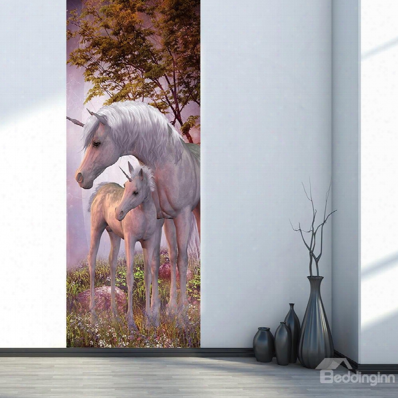 30␔79in White Horses In Forest Pvc Environmental And Waterproof 3d Door Mural