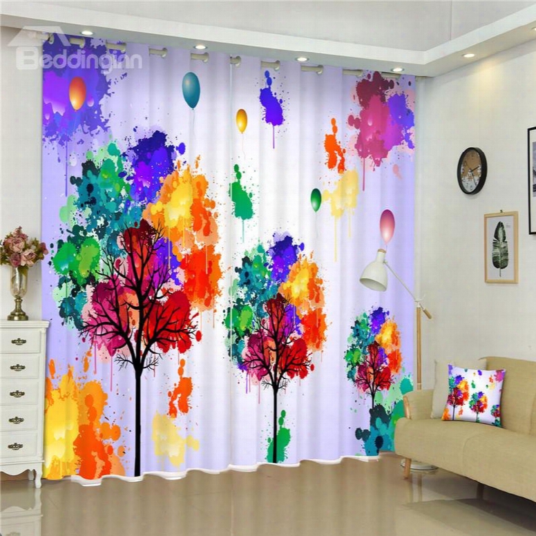 3d Abstract Bright Colored Trees And Balloon Printed Living Room Window Curtain