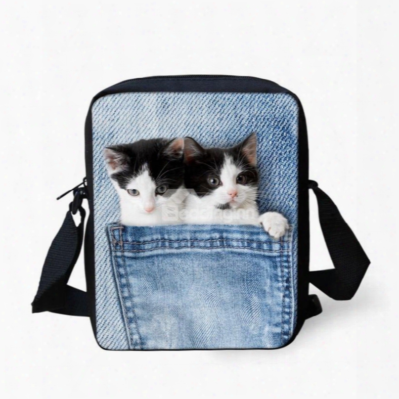 3d Animals Double Cat Jeans Pattern Messenger Bag School Bag