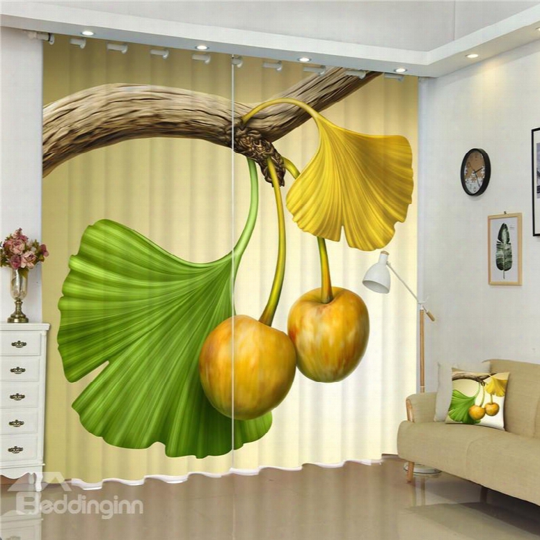 3d Beautiful Ginkgo Leaves Printed Fresh Style 2 Panels Living Room And Bedroom Curtain