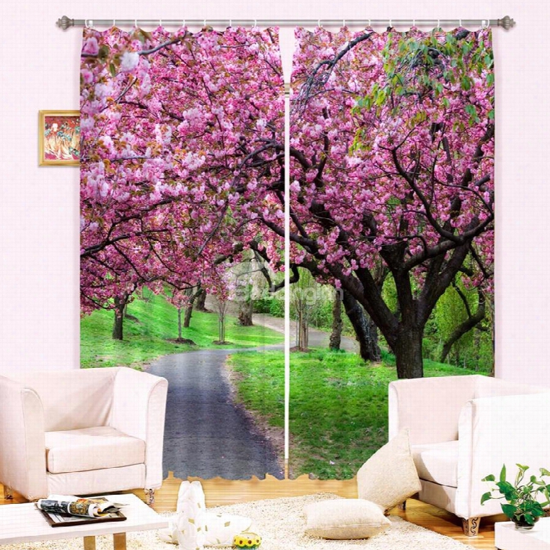 3d Beautiful Pink Peach Flowers And Green Grassland Printed Custom Curtain