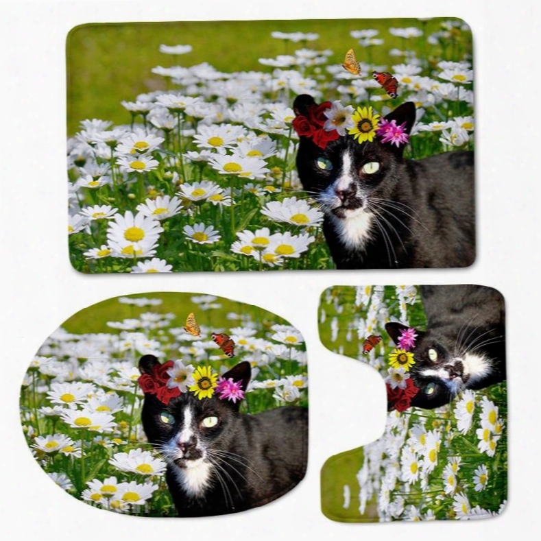 3d Black Cat In White Daisies Printed Flannel 3-piece Toilet Seat Cover