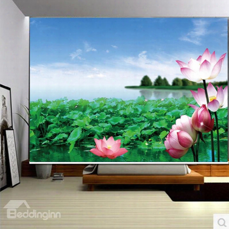 3d Blooming Lotus Printed Natural Style Decoration And Blackout Polyester Curtain Roller Shade