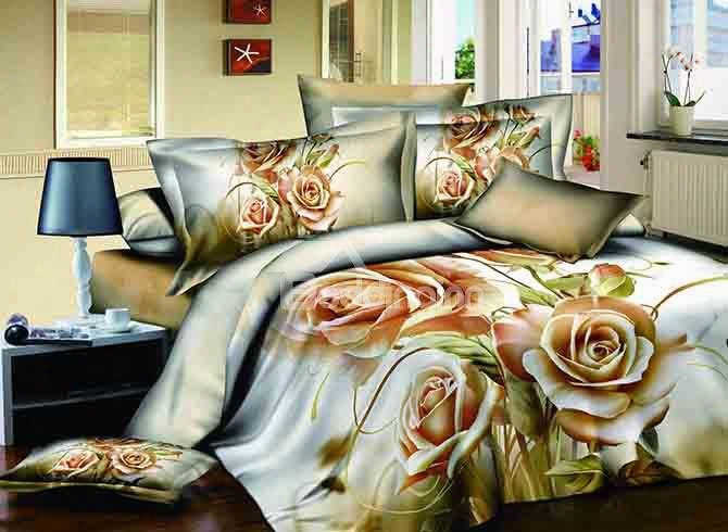 3d Bunch Of Champagne Roses Printed Cotton 4-piece Bedding Sets/duvet Covers