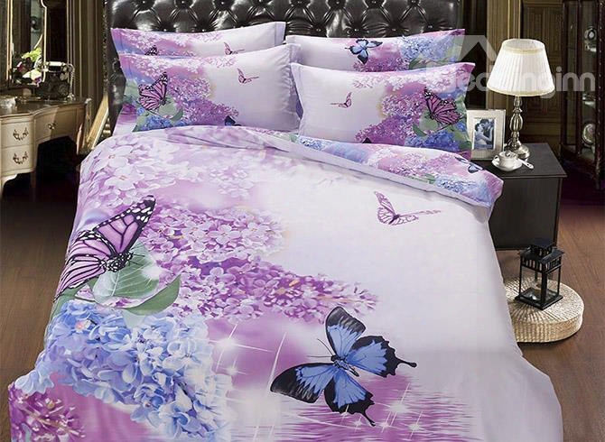 3d Butterfly And Lilac Printed Cotton 5-piece Comforter Sets