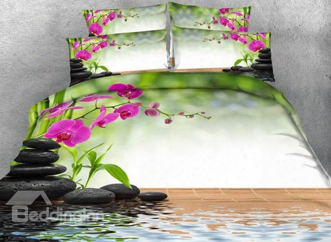 3d Butterfly Orchid Cobblestone And Bamboo Printed 5-piece Comforter Sets