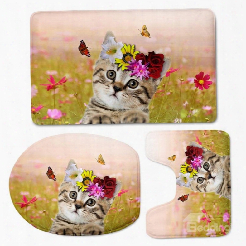 3d Cat With Flowers And Butterflies Pattern Flannel 3-piece Toilet Seat Cover