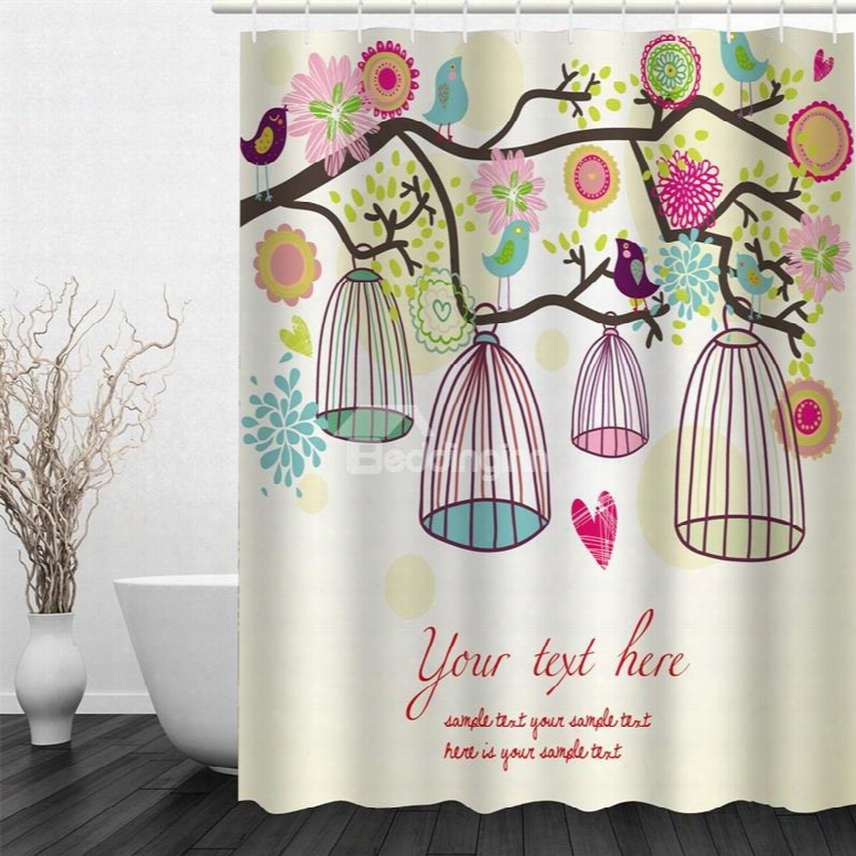 3d Colorful Flowers And Cages On Branches Polyester Waterproof And Eco-friiendly Shower Curtain