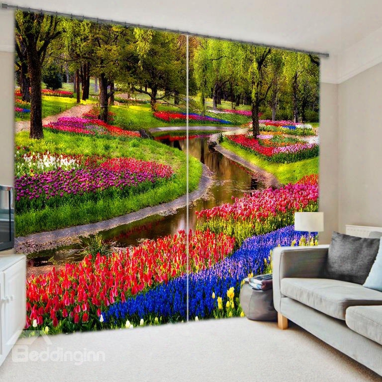 3d Colorful Flowers In Park Printed Thick Polyester Custom Blackout Curtain For Living Room