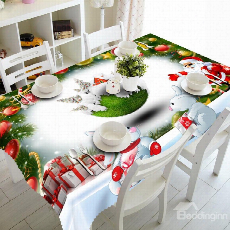 3d Cute Rabbits And Christmas Gifts Printed Festival Scenery Oil-proof And Durable Table Cloth