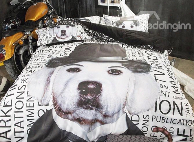 3d Dog With Hat Printed Polyester 4-piece Bedding Sets/duvet Covers