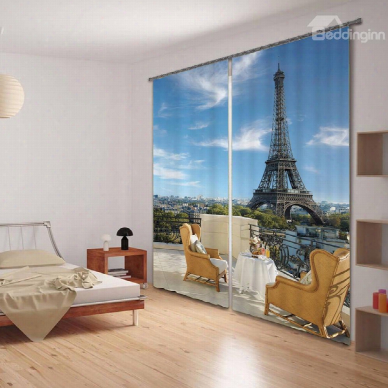 3d Eiffel Tower And  Modern Chairs Printed Polyester Romantic Style Custom Decorative Curtain