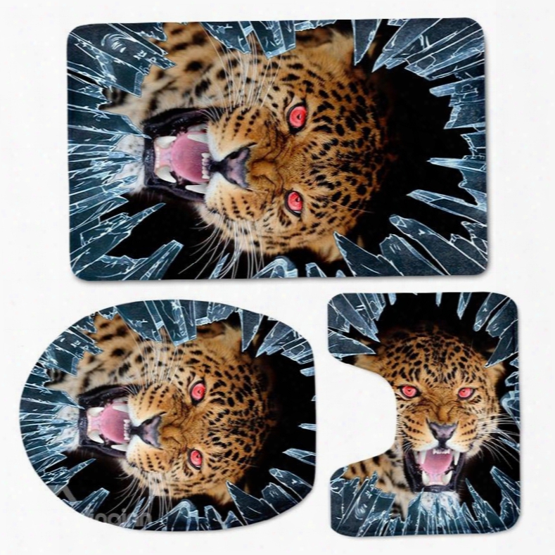 3d Fierce Leopard Printed Flannel 3-piece Toilet Seat Cover