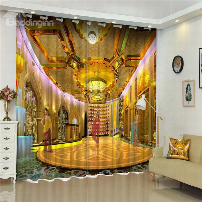 3d Yellow Buildings Printed Thai Style Thick Polyester Exotic Style Blackout And Dust-proof Curtain