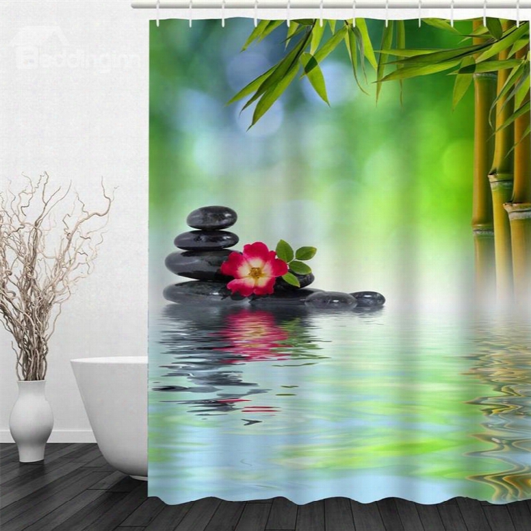 3d Green Bamboos And Stones In Lake Polyester Waterproof And Eco-friednly Shower Curtain