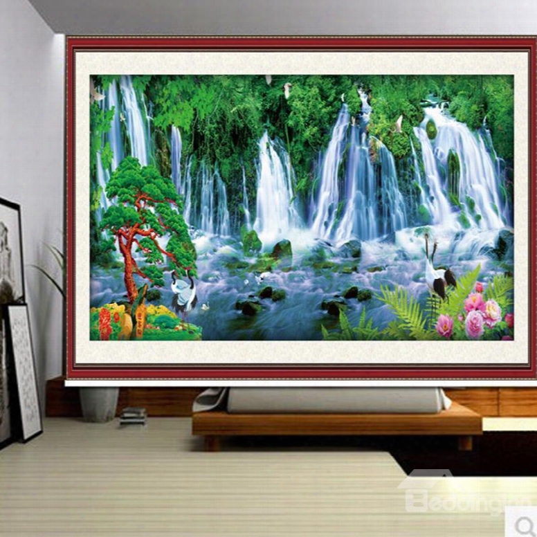 3d Green Pines And Waterfalls With F1ying Cranes Printed Polyester Natural Scenery Curtain