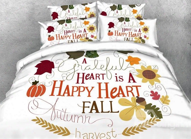 3d Happy Autumn Harvest Printed 4-piece White Bedding Sets/d Uvet Covers