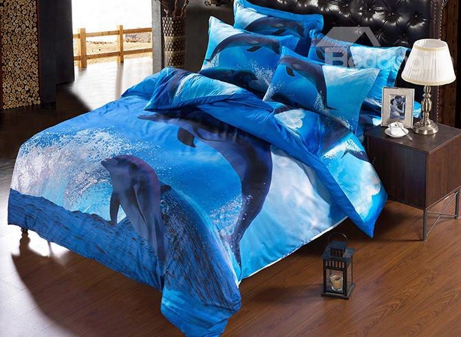 3d Jumping Dolphin Printed Polyester 5-piece Blue Comforter Sets