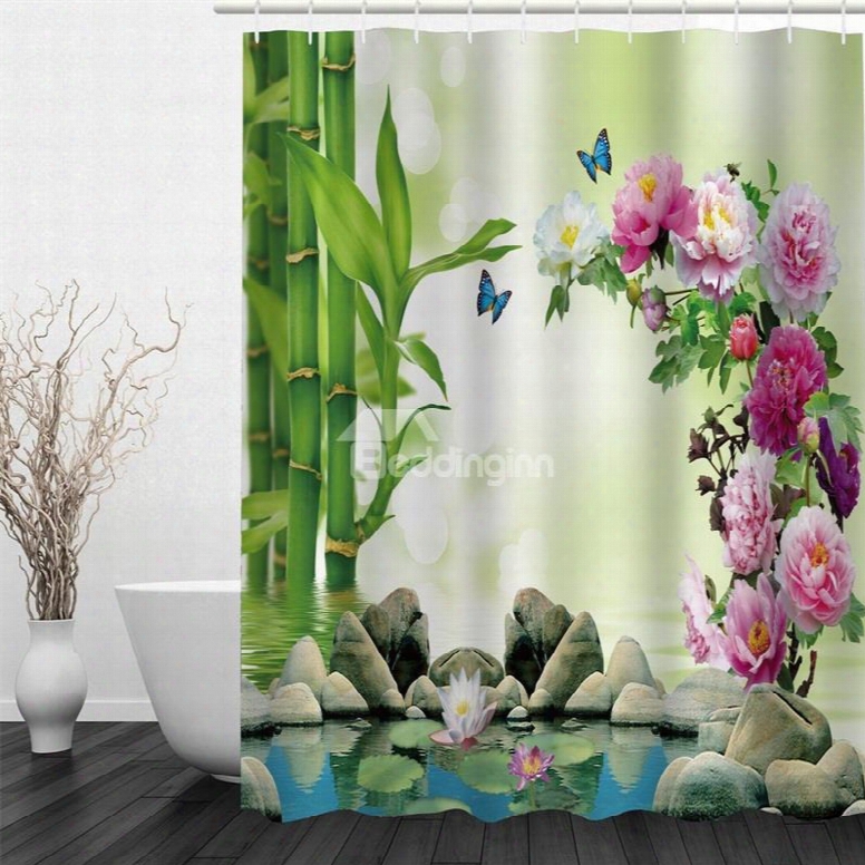 3d Peonies Stones And Bamboos Beside Lake Polyester Waterproof And Eco-friendly Shower Curtain