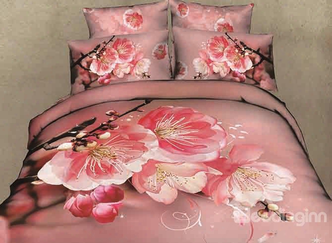 3d Pink Peach Blossom And Bud Printed Cotton 4-piece Bedding Sets/duvet Covers