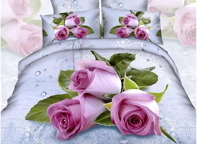 3d Pink Roses With Water-drop Printed Cotton-wool 4-piece Bedding Sets