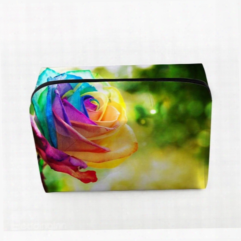 3d Portable Colorful Rose Printed Pv Cosmetic Bag