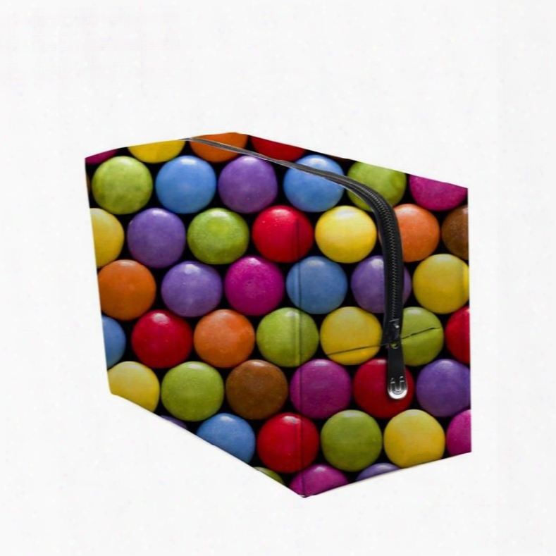 3d Portable Colorful Round Shape Candies Printed Pv Cosmetic Bag