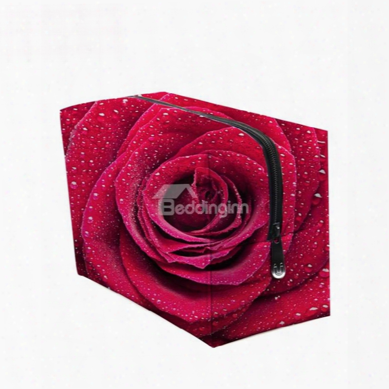 3d Portable Red Rose With Waterdrops Printed Pv Cosjetic Ba