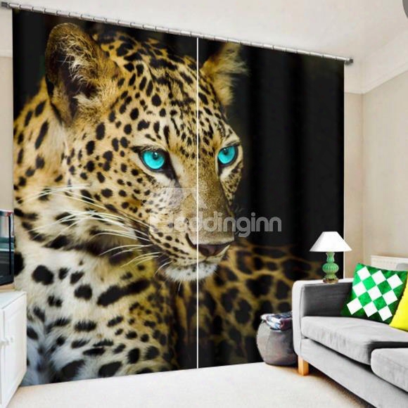 3d Printed Cheetah With Bright Blue Eyes Polyester Custom Curtain For Living Room