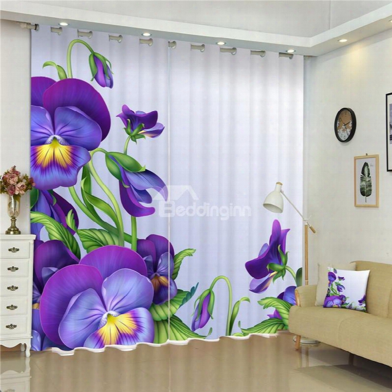 3d Purple Flowers Printed Romantic Style Charming Plants 2 Panels Livving Room Curtain