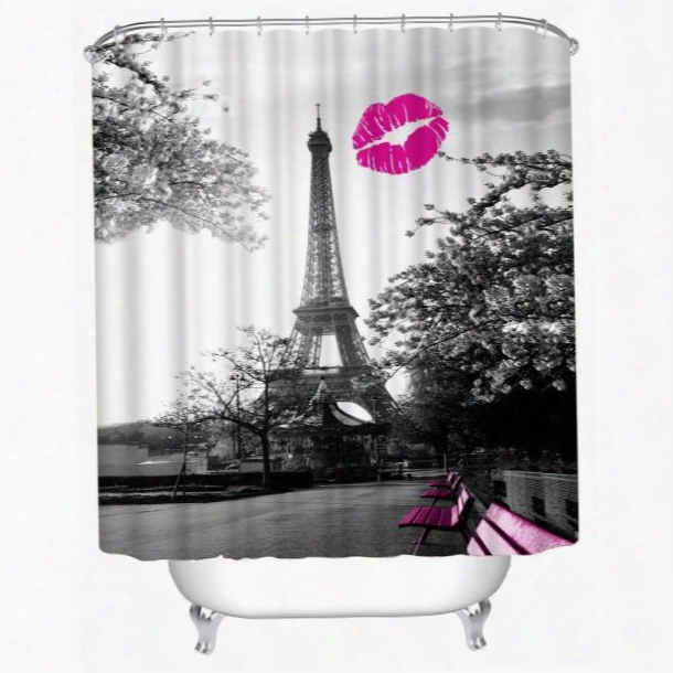 3d Red Lip And Eiffel Printed Polyester Bathroom Shower Curtain