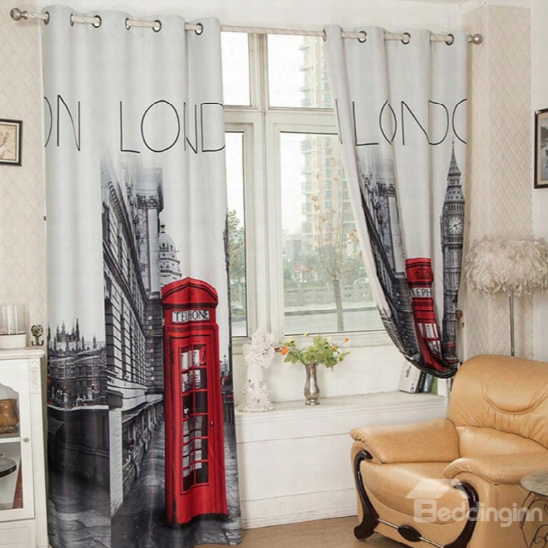 3d Red Public Telephone Booth And Old Buildings Printed Retro Style Blackout Curtain