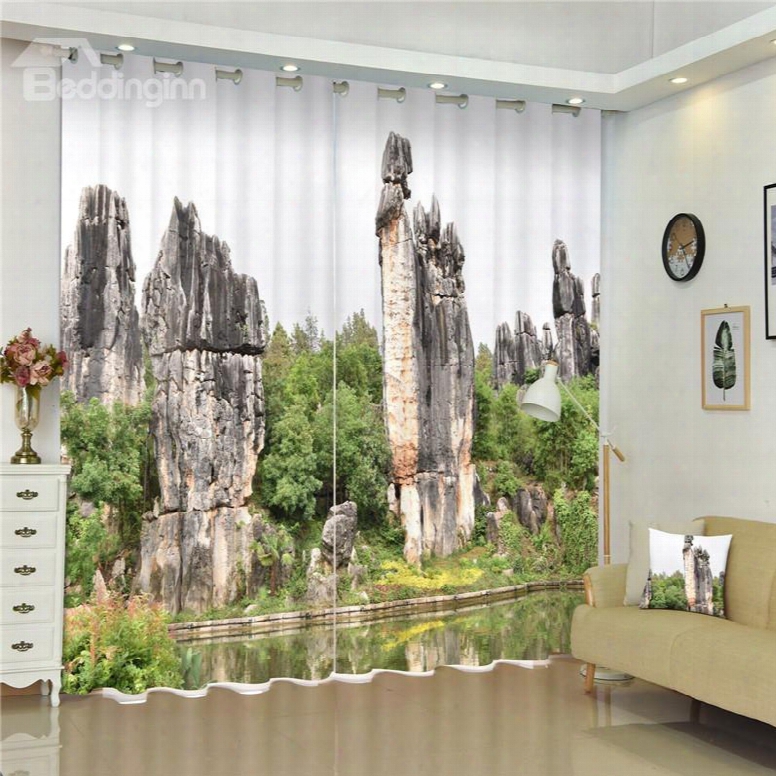 3d Stone Mountains And Peaceful Lake Printed Living Room And Bedroom 2 Panels Shading Curtain