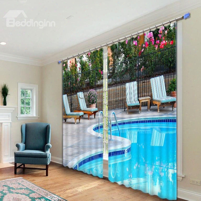 3d Swimming Pool Printed Polyester Decorative Custom Living Room Curtain