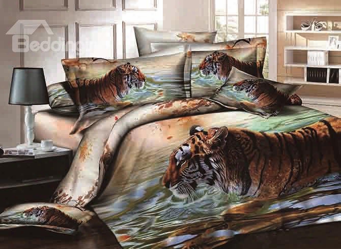 3d Tiger In The River Printed Cotton 4-piece Bedding Sets/duvet Covers