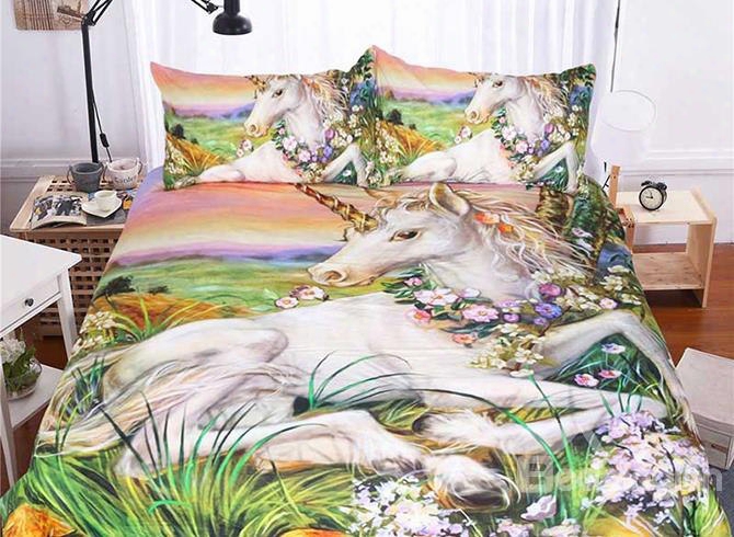3d Unicorn With Garland Printed Polyester 3-piecebedding Sets/duvet Covers